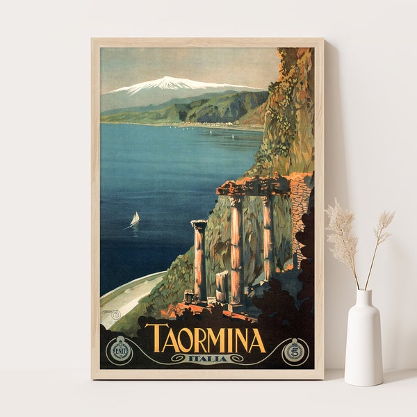 Taormina, Sicily, Italy vintage poster, Extra large wall art, Italy travel wall art, up to 24x36 poster.