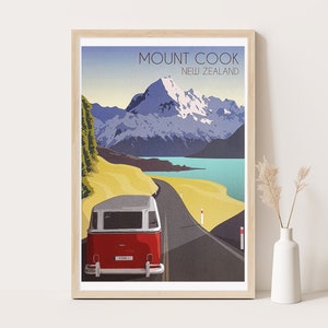 Mount Koch Neuseeland Vintage Reiseplakat | Neuseeland Reise Wandkunst | 12x18 Inches Druck.