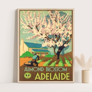 Adelaida, flor de almendro, póster vintage de Australia, arte de pared grande, arte de pared de viaje a Australia, póster de hasta 18 x 24 pulgadas.