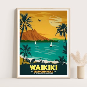 Waikiki, Diamond head, Hawaii vintage travel poster, USA travel wall art, 12x16 inches poster.