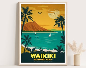 Waikiki Diamond Head Vintage Travel Poster: Hawaii Wall Art