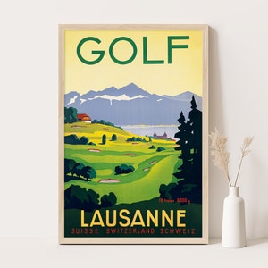 Vintage Golf Lausanne Switzerland Travel Poster: Giclée Art Print