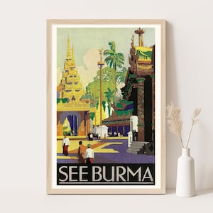 Ver póster de viaje de Birmania, India / póster vintage de India / arte de pared extra grande / arte de pared de viaje de India / póster de hasta 24 x 36.
