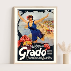 Póster de viaje vintage de Grado, Italia / Arte mural de viajes por Italia / Arte mural retro italiano