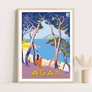 Póster de viaje vintage de Agay, Costa Azul, Francia, arte de pared grande, arte de pared de viaje a Francia, póster de hasta 18 x 24.