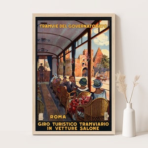 Manifesto del tram di Roma, stampa Art Déco degli anni '20, viaggi vintage in Italia, arte classica del tram romano, vista di Roma