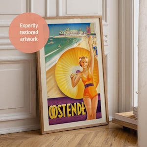 Vintage plakat podróżniczy do Oostende Belgia, druk plażowy w stylu Art Deco z lat 30. XX wieku autorstwa Rogera Berckmansa