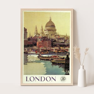 Póster de viaje vintage de Londres, arte de pared extragrande, arte de pared de viaje a Gran Bretaña, póster de hasta 24 x 36.