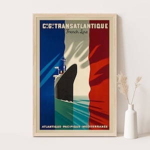 Transatlantik Schiff Frankreich Vintage Plakat, extra große Wandkunst, Frankreich Reise-Wandkunst, bis zu 24x36 Plakat.