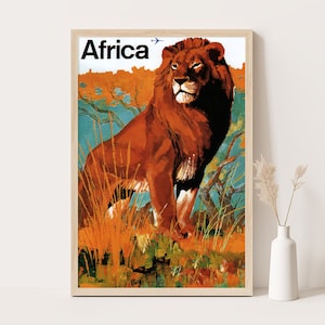 Lion in Africa vintage poster, Extra large wall art, Africa travel wall art, up to 24x36 poster.