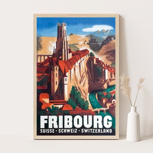 Fribourg, Switzerland vintage travel poster, Extra large wall art, Swiss travel wall art, up to 24x36 poster.