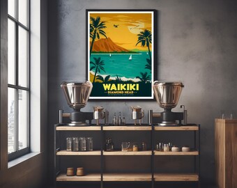 ワイキキ・ダイヤモンドヘッドのヴィンテージ旅行ポスター：ハワイの