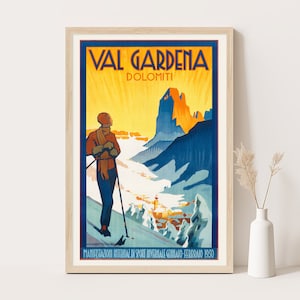 Val Gardena valle nelle Dolomiti Italia Poster di viaggio vintage / Poster di sci vintage / Arte murale extra large