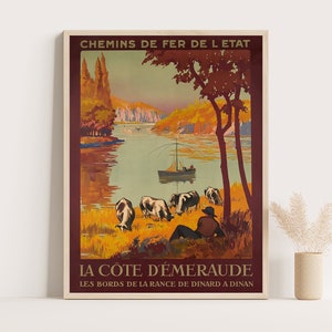 Pôster vintage de Cote d'Emeraude, Bretanha, França, arte de parede grande, arte de parede de viagem à França, pôster de até 18x24.