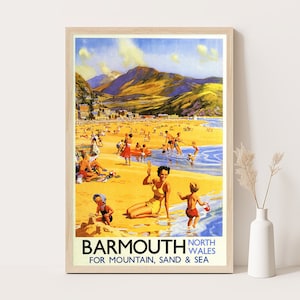Póster de viaje vintage de Barmouth, norte de Gales, Reino Unido / Arte de pared de viaje de Gran Bretaña / Impresión de 12 x 18 pulgadas.