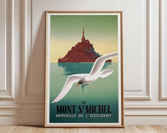 Le Mont St. Michel Vintage Travel Poster Print, Pierre Fix-Masseau, French Coastal Wall Art