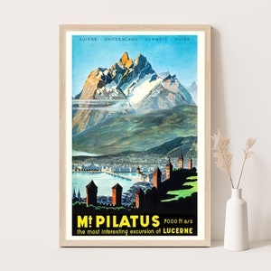 Póster vintage de montaña Pilatus sobre Lucerna, Suiza, arte de pared extragrande, arte de pared de viaje suizo, póster de hasta 24 x 36.