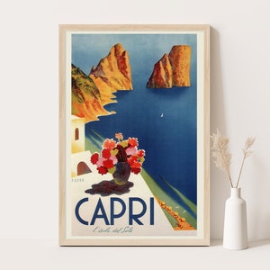 Capri Italien Vintage Reiseplakat | Extra Große Retro Küstenwand Kunst | Farbenfrohes italienisches Poster