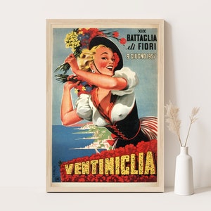Poster di Ventimiglia, stampa della Riviera italiana di F. Romoli, arte murale Belle Époque, Città dei Fiori, viaggi in Italia