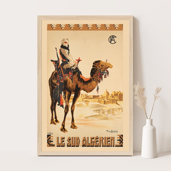 Bédouin sur chameau, affiche vintage Algérie, art mural extra large, art mural de voyage en Afrique du Nord, affiche jusqu'à 24x36.