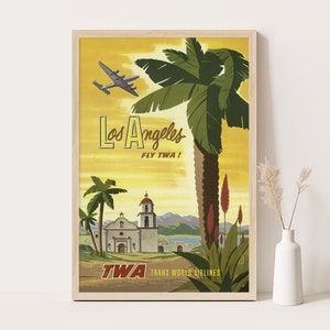 Los Angeles, California, Fly TWA vintage travel poster, Large wall art, America travel wall art, Up to 24x36 inches poster.