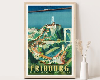 Fribourg, Switzerland vintage travel poster, Extra large wall art, Swiss travel wall art, up to 24x36 poster.