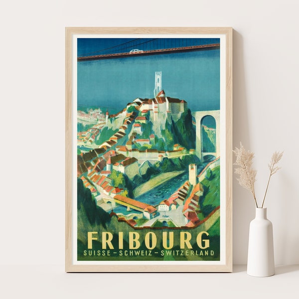 Fribourg, Switzerland vintage travel poster, Extra large wall art, Swiss travel wall art, up to 24x36 poster.