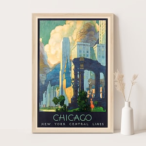 Manifesto di viaggio d'epoca della Central Lines di Chicago e New York, arte murale di viaggio negli USA, poster da 12x18 pollici.