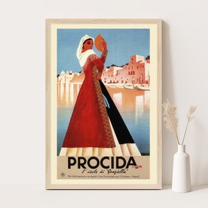 May include: A vintage travel poster advertising Procida, Italy, featuring a woman in a red dress holding a fan, with a view of the island in the background. The text reads "Procida l'isola di 'Graziella'" and "Per informazioni e prospetti Ente Provinciele per il Turismo - Napoli".