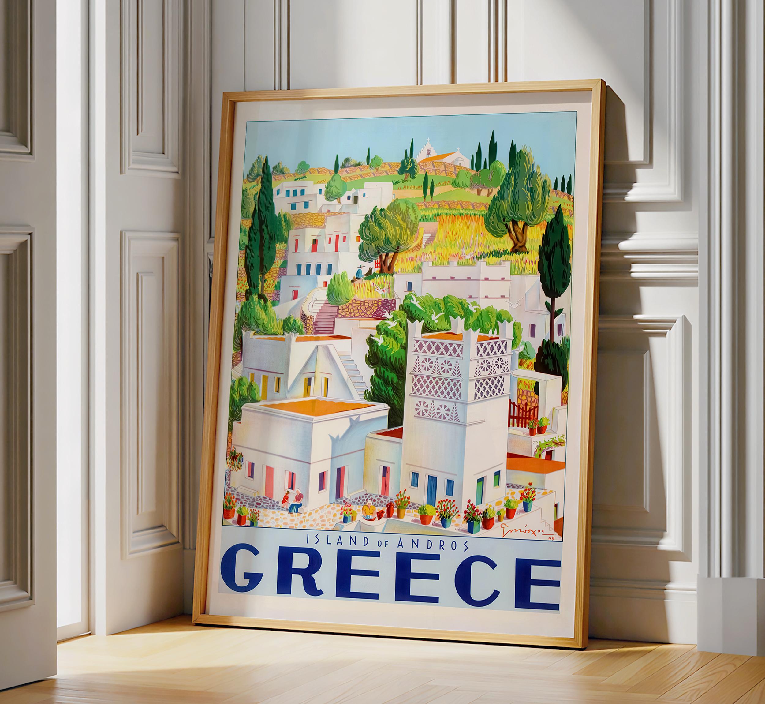 Vintage Island of Andros Greece Travel Poster, Greek Island Wall
