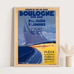 Manifesto turistico d'epoca di Boulogne-sur-Mer, Francia, grande stampa murale, stampa murale di viaggio in Francia, poster fino a 18x24.
