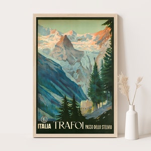 Póster de viaje vintage de Stelvio Pass, Italia / Arte mural de gran tamaño / Arte mural retro de Italia