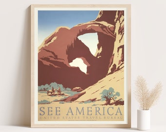 Vintage See America Travel-poster: cowboys bij Desert Arch