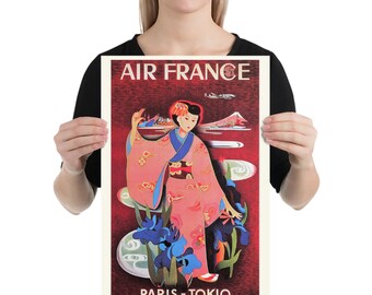 Air France Vintage Travel Poster: Paris to Tokyo, Japan Art Print