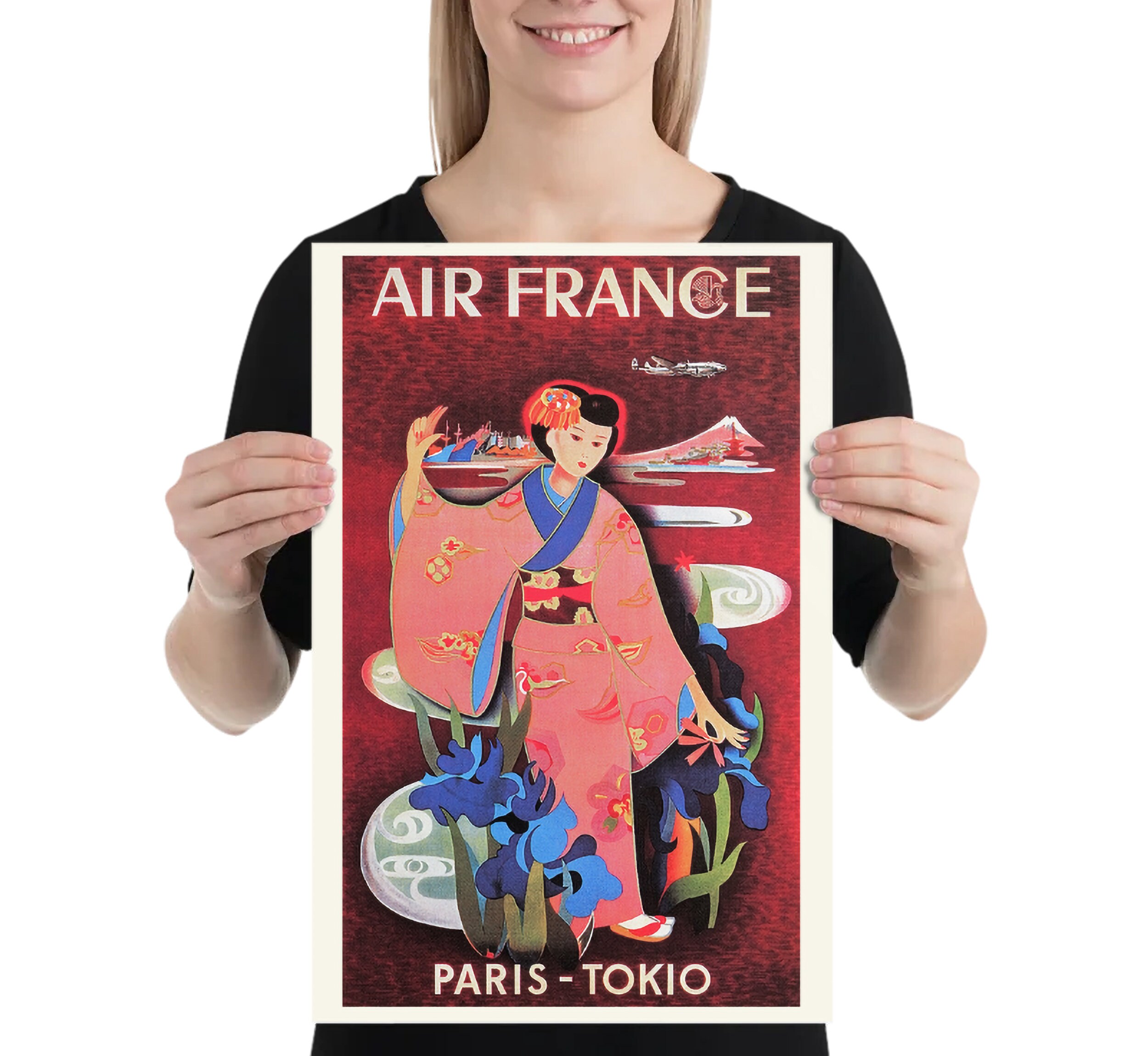エールフランスのヴィンテージ旅行ポスター：パリから東京、日本への