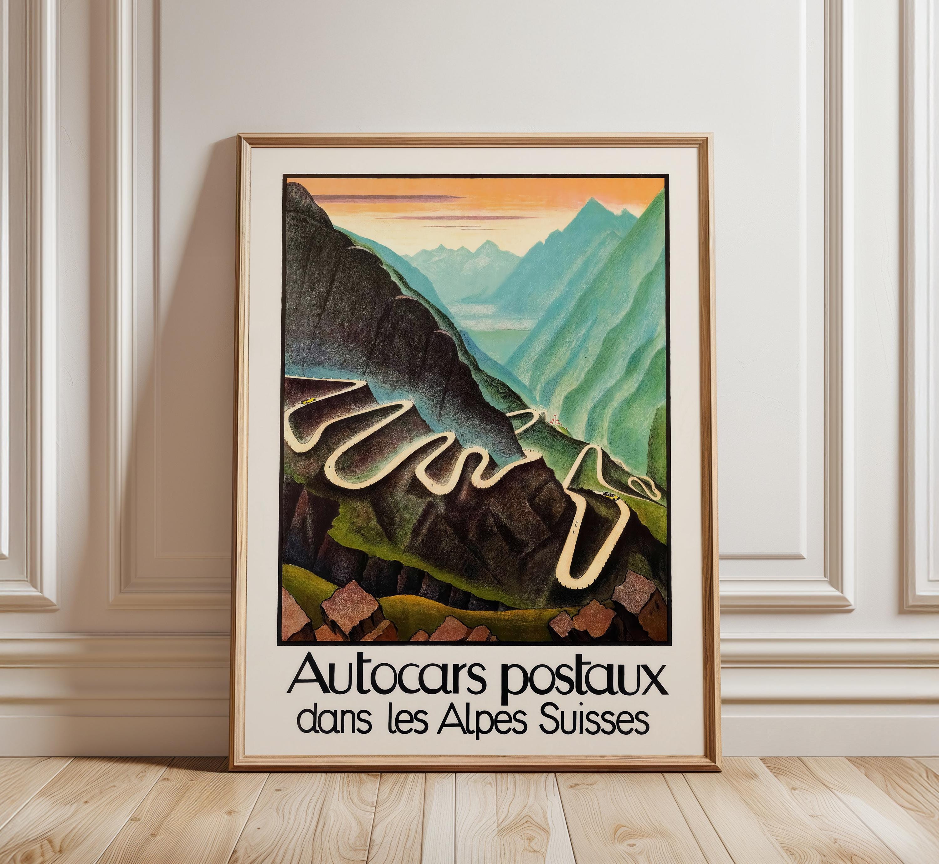 Vintage Swiss Alps Travel Poster – Autocars Postaux Print, 1937