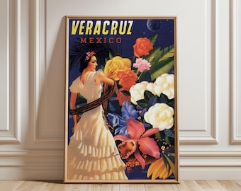Veracruz Mexico vintage reisposterprint, retro tropische muurkunst, klassiek Mexicaans bestemmingsdecor