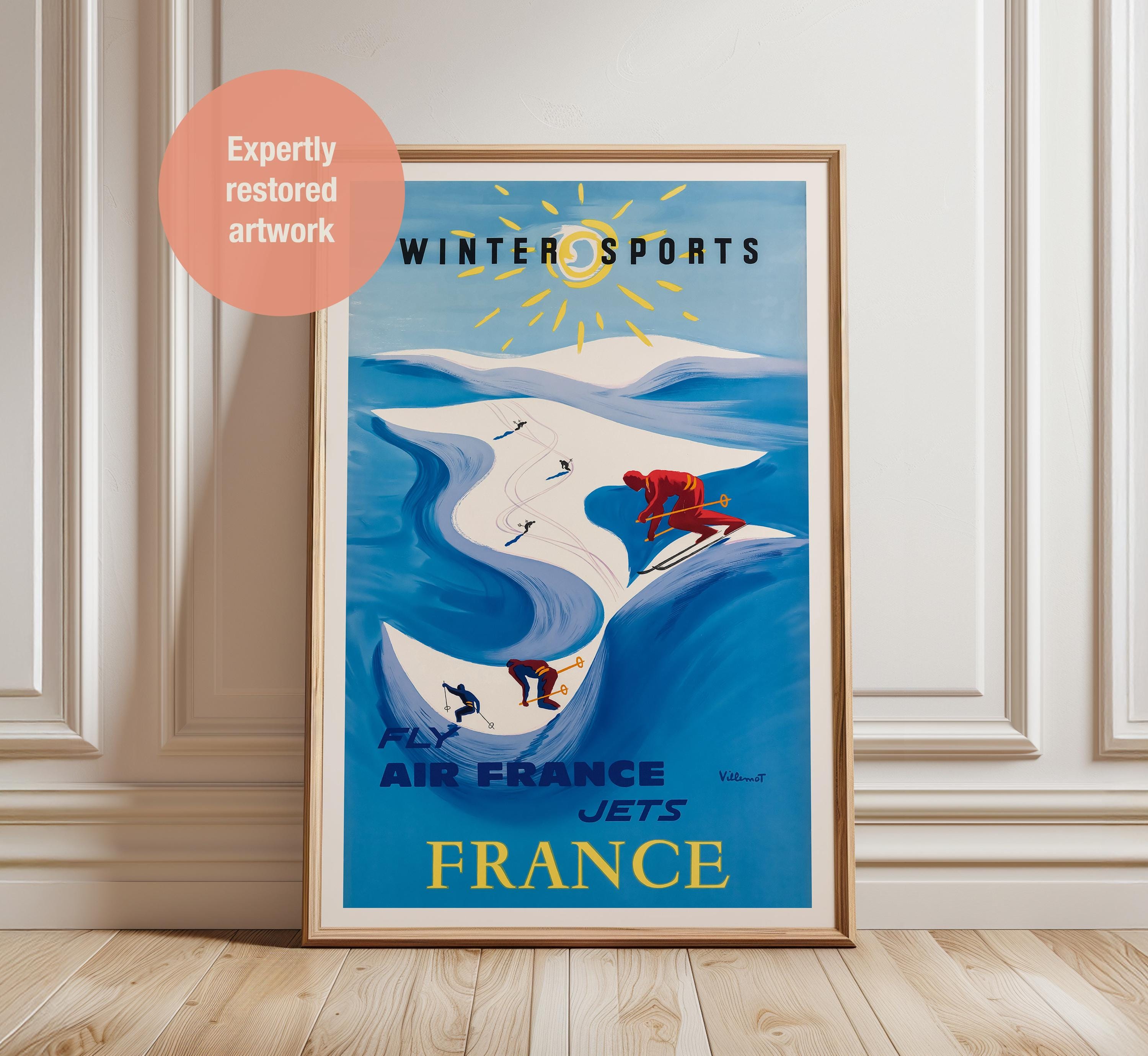 Bernard Villemot Ski Poster: 1968 Air France Ad, Mid-century