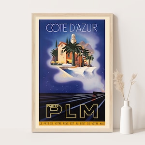 Cote d&#39;Azur Frankreich Vintage Reiseplakat, Extra große Wandkunst, Frankreich Reisewandkunst, bis zu 24x36 Plakat.