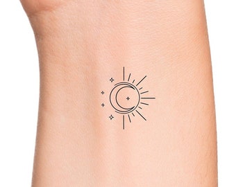 Tatouage temporaire soleil lune et étoiles contour céleste géométrique