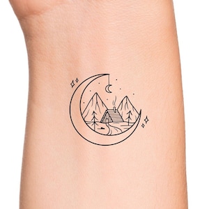 Celestial Moon Stars Mountain and Cabin in the Woods Temporary Tattoo / Cute Crescent Moon Tattoo / Love Nature Tattoo / Small Wrist Tattoo