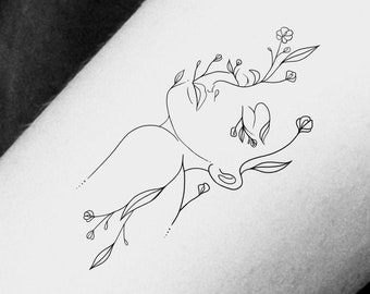 Wildflower Woman Mother Nature Outline Temporary Tattoo / Feminine Dainty Small Cute Tattoo / Floral tattoo