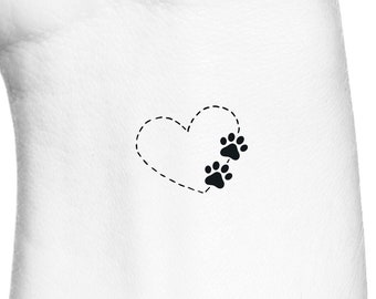 Dog Paw Print Dotted Line Heart Temporary Tattoo / Dog Memorial Temp Tattoo / Pet Love Fake Tattoo / Cute Cat Tattoo / Pawprints tattoo