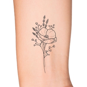 Poppy Wildflower Temporary Tattoo / Floral tattoo / Small Flower Tattoo / Feminine tattoo / Simple Outline Tattoo