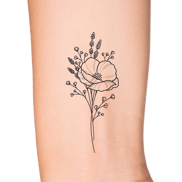 Tatouage temporaire de fleurs sauvages de pavot / tatouage floral / tatouage de petite fleur / tatouage féminin / tatouage simple de contour