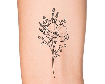 Tatouage temporaire de fleurs sauvages de pavot / tatouage floral / tatouage de petite fleur / tatouage féminin / tatouage simple de contour