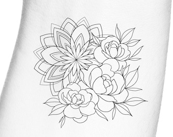 Floral Roses Mandala Geometric Temporary Tattoo / Delicate Flowers / Feminine fake tattoo / Large floral tattoo / Half sleeve tattoo