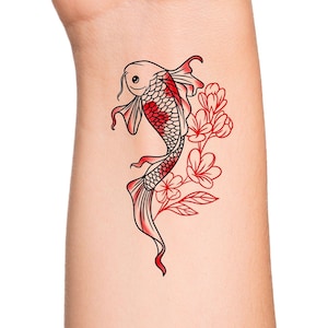 Floral Red Koi Fish Temporary Tattoo / Watercolor Japanese Koi Fish Temp Tattoo / Wildflower Fish Tattoo / Small Animal Tattoo
