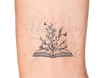 Floral Fantasy Open Books Temporary Tattoo