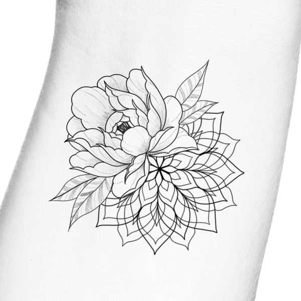 Floral Peony Mandala Temporary Tattoo / Delicate Flowers / Geometric tattoo / Feminine fake tattoo / Large floral tattoo/ Half sleeve tattoo